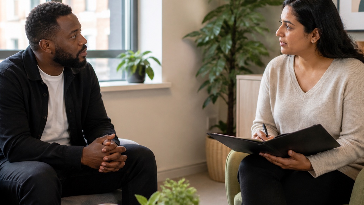 Adult discussing a personalised recovery plan with an addiction counsellor