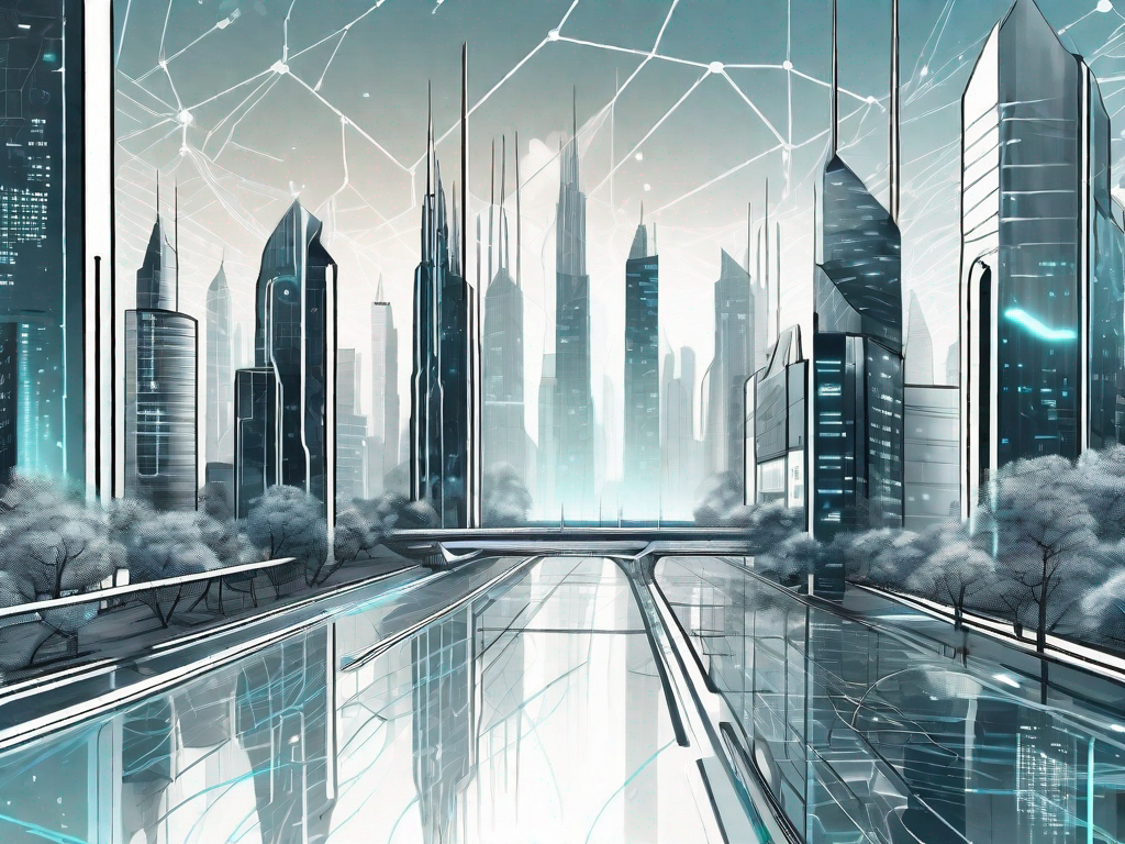 A futuristic cityscape with towering