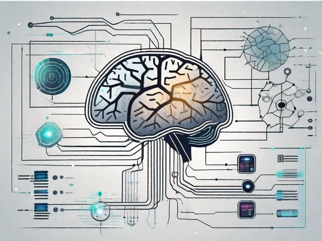 An ai brain with various futuristic tech elements and digital data streams