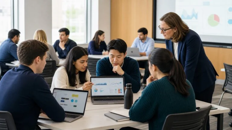 Business-school students using a simulation while an instructor facilitates their discussion