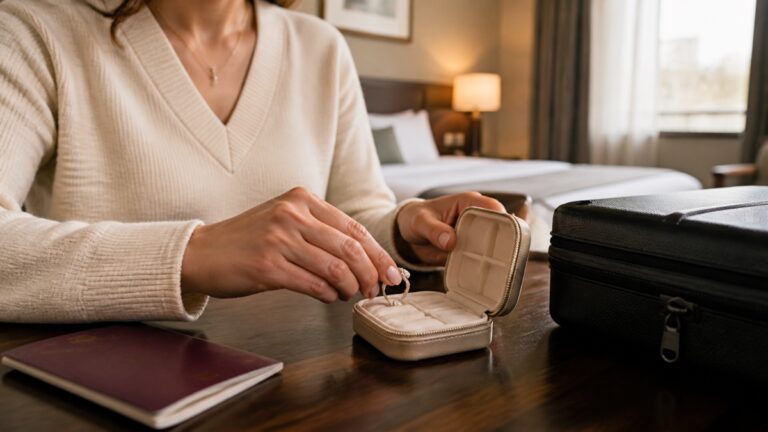Traveller placing an engagement ring into a secure jewellery case in a hotel room