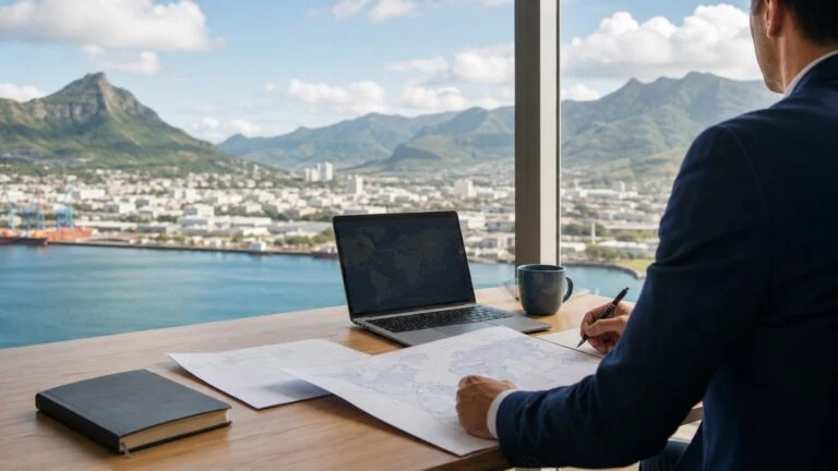 Business professional planning a Mauritius company from an office overlooking Port Louis