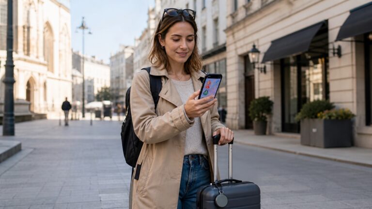 Traveller using a smartphone safety app while navigating a European city